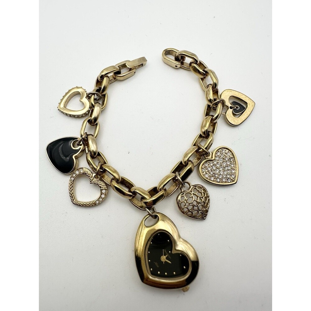 Armitron Womens Heart Shaped Charm Bracelet Watch Gold Tone Case & Band 7.5”
